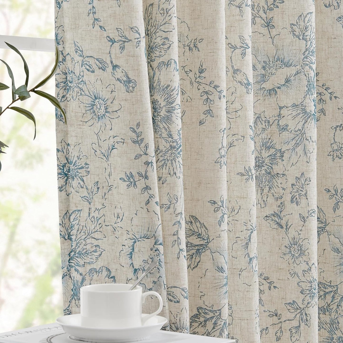 Floral Linen Blend Curtains for Living Room and Bedroom Decor