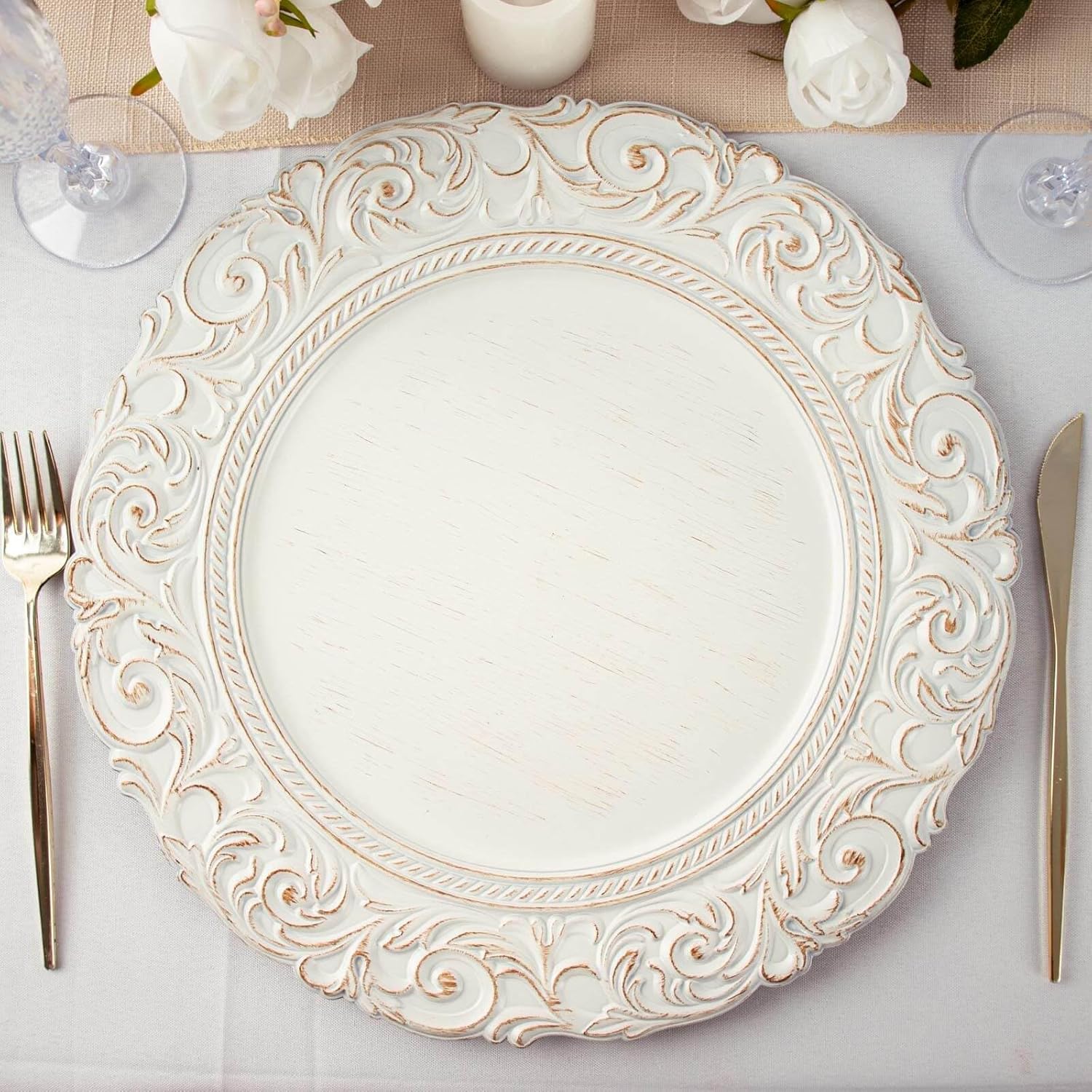 Set of 12 Antique White Engraved Charger Plates - Elegant Vintage Design for Events by TCF Linen