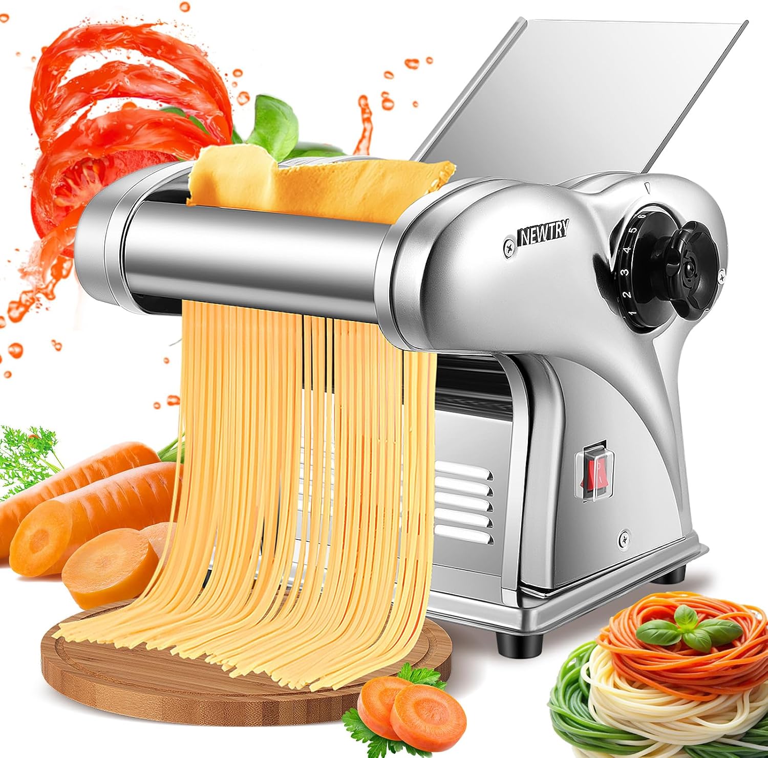 NEWTRY Electric Pasta Maker: Adjustable Thickness, Stainless Steel, 3 Blades