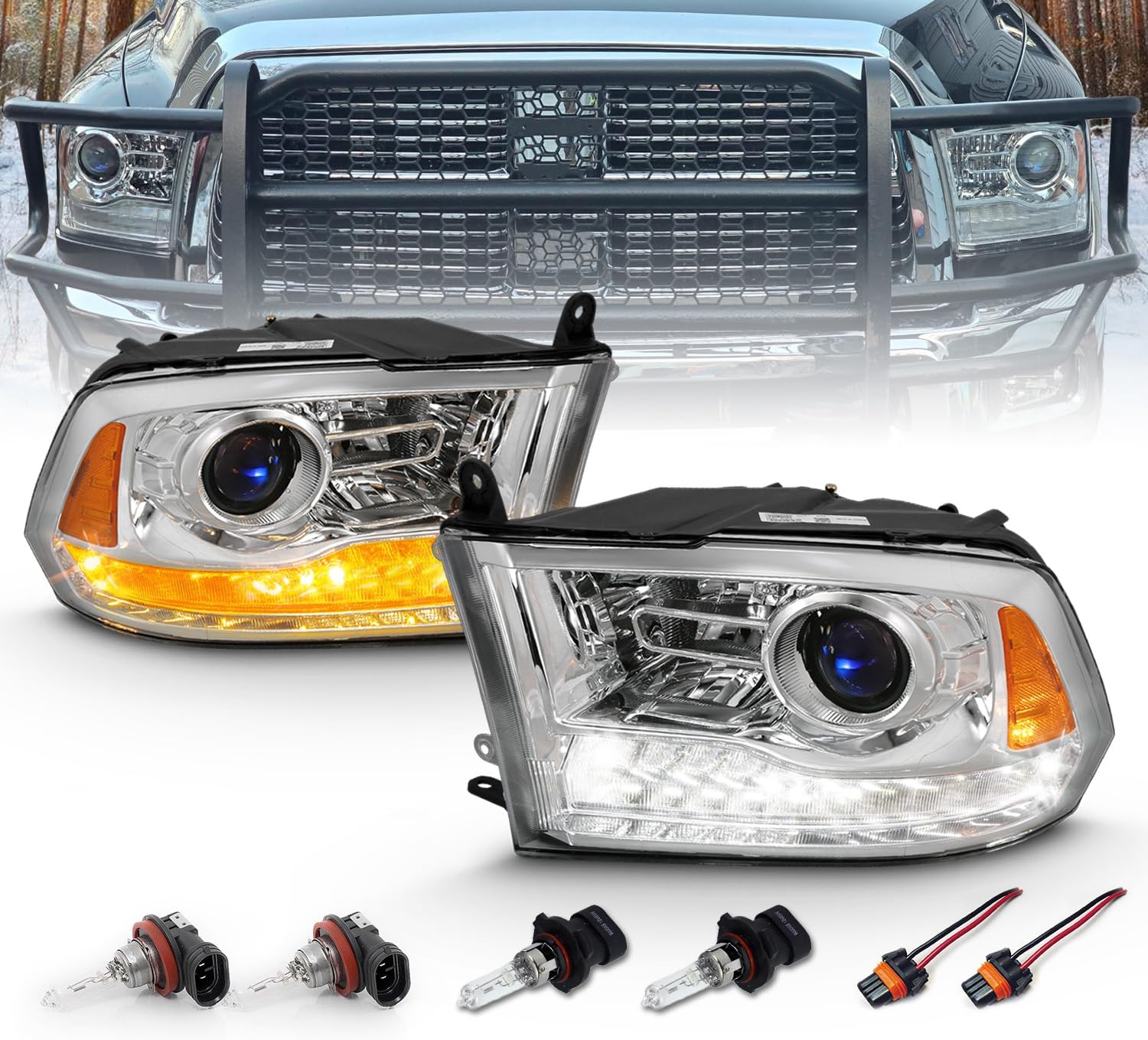 AmeriLite Projector Headlight Set for 2009-2018 Dodge Ram