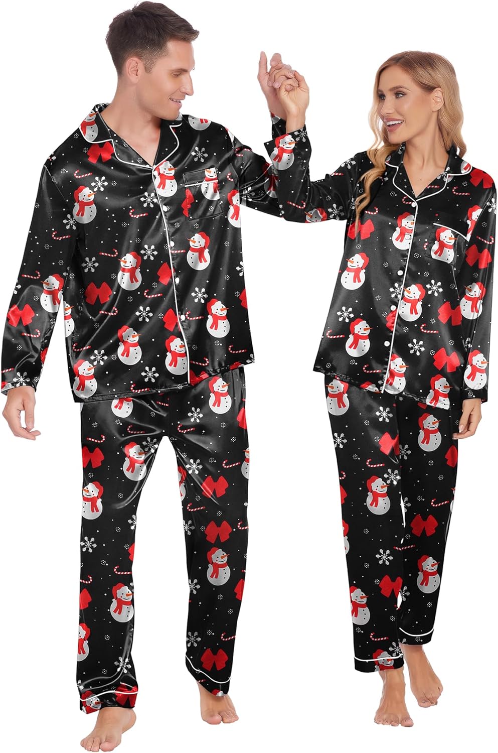 Ekouaer Couples Matching Pajamas Silk Long Sleeve Sleepwear Set