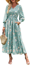 Women's Long Sleeve Floral Maxi Dress - Flowy Boho V Neck