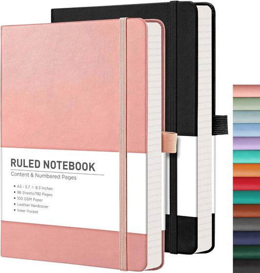 Rettacy A5 2-Pack Lined Notebooks: 384 Numbered Pages, 100 GSM Thick Paper, Leather Cover