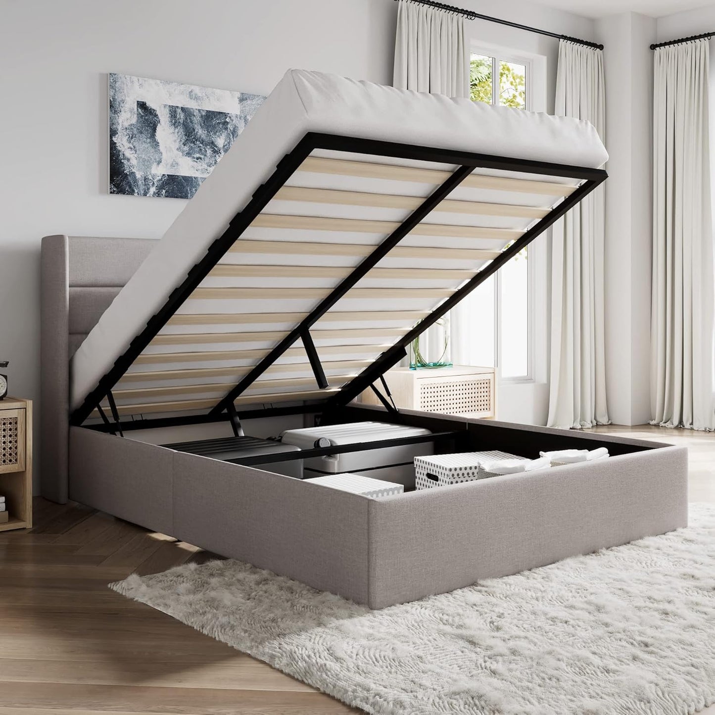 Queen Size Lift Up Storage Bed with Modern Wingback Headboard