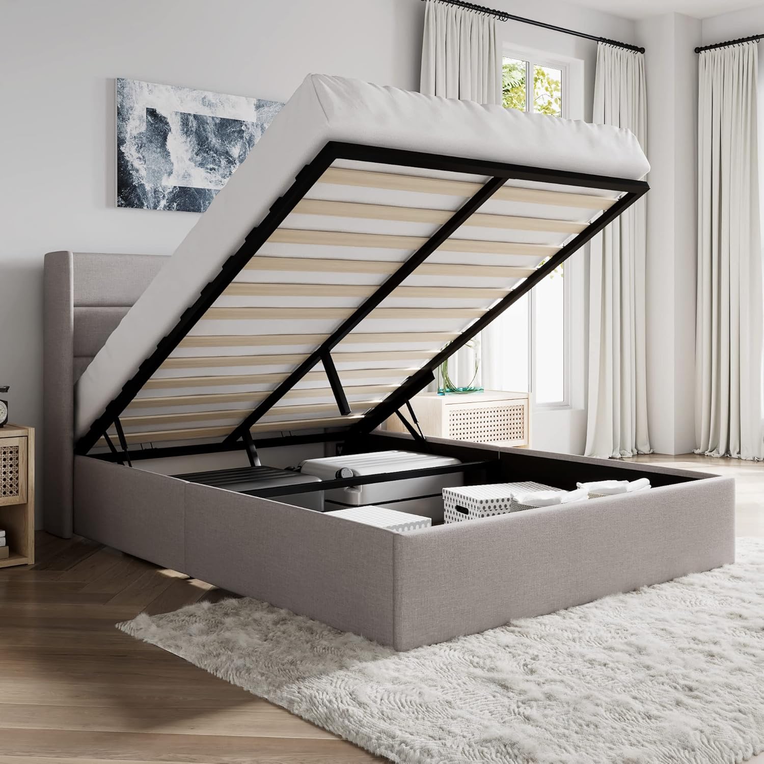 Queen Size Lift Up Storage Bed with Modern Wingback Headboard