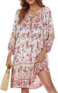 Qearal Womens Casual V Neck 3/4 Sleeve Boho Floral Mini (Style 64XM)