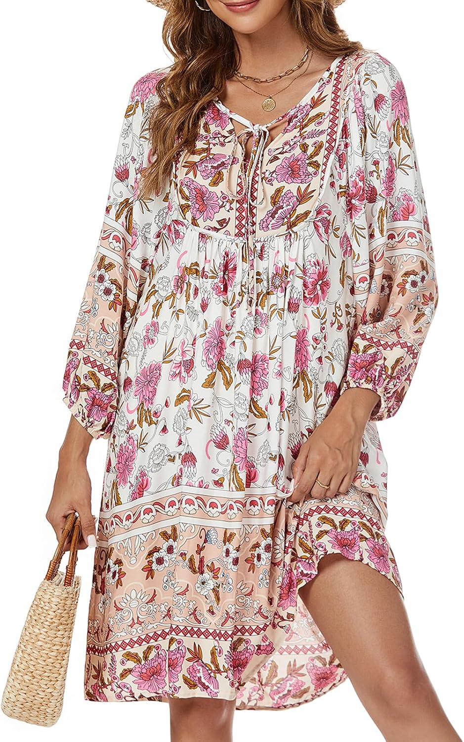 Qearal Womens Casual V Neck Boho Floral Mini Summer Dress