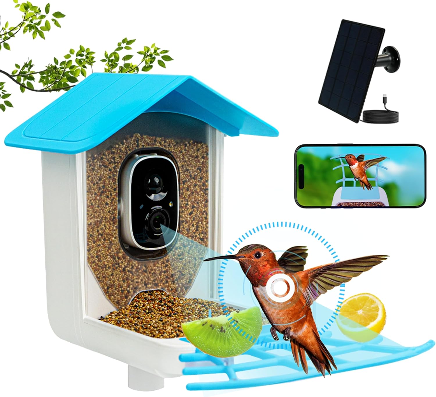 AI Bird Feeder with Camera, Solar Powered, Identify 10K+ Species, Auto Capture, Mejoro Blue
