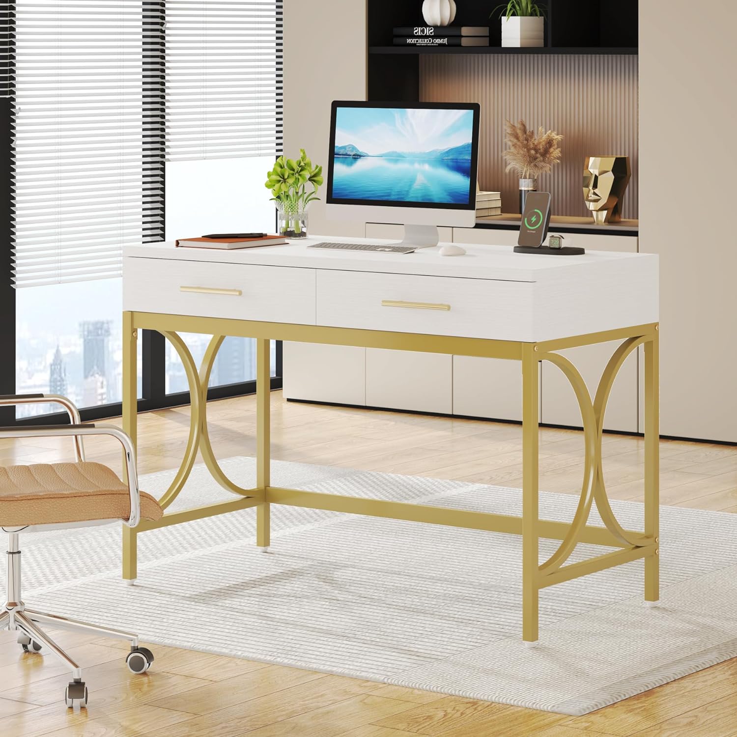 Tribesigns Modern White & Gold Desk with Drawers