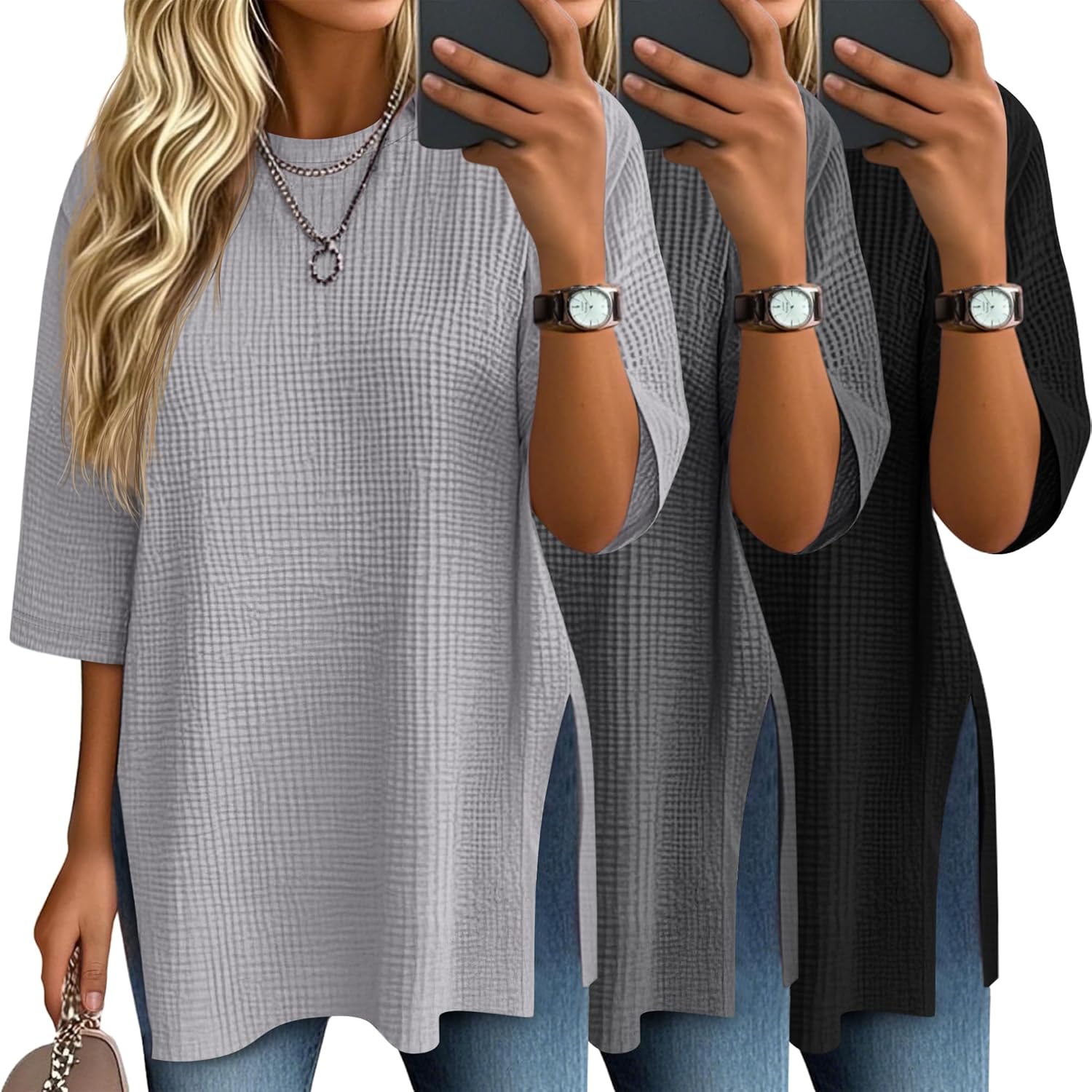 3 Pack Women's 3/4 Sleeve Waffle Knit Tops for Casual Wear