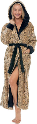 Womens Long Plush Hooded Robe - Thick Cheetah Print Comfort