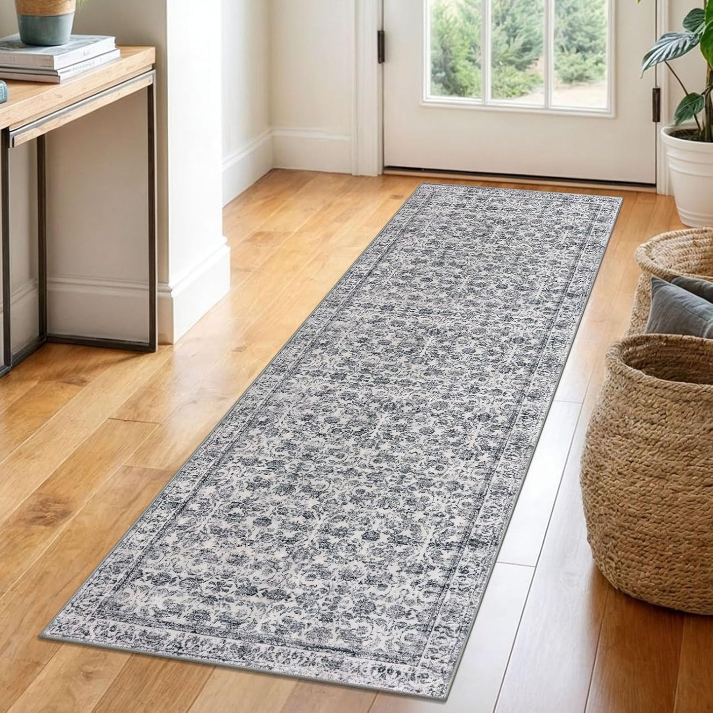 2x6 Grey Blue Washable Runner Rug for Hallways and More