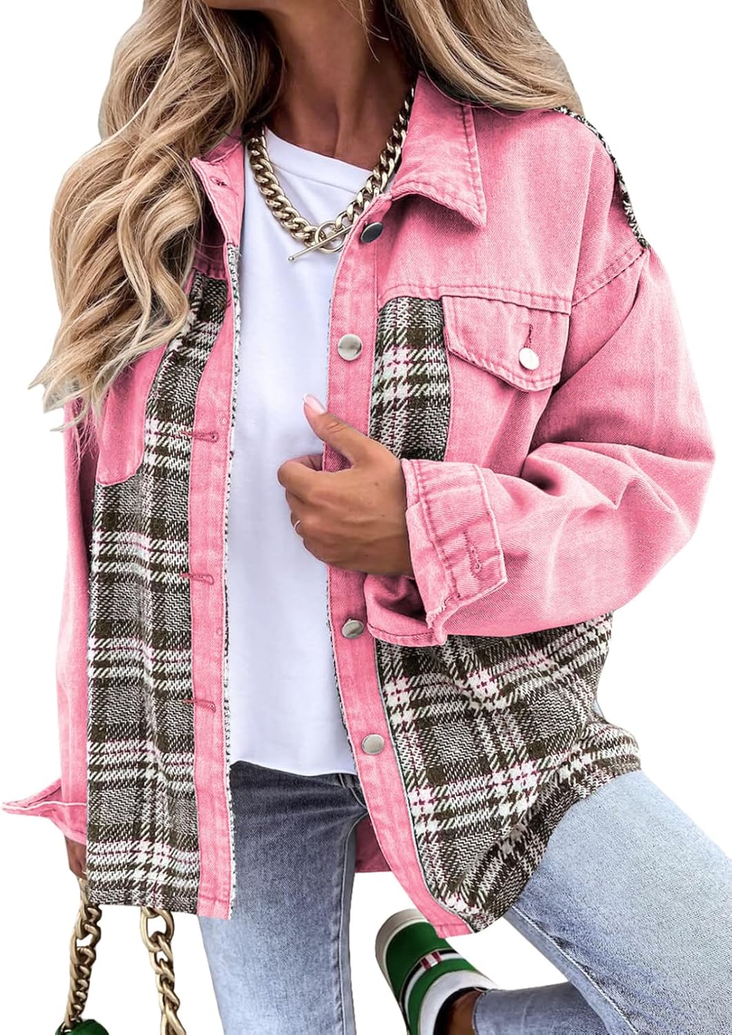 Oversized Denim Jacket for Women - Trendy Plaid Shacket Style