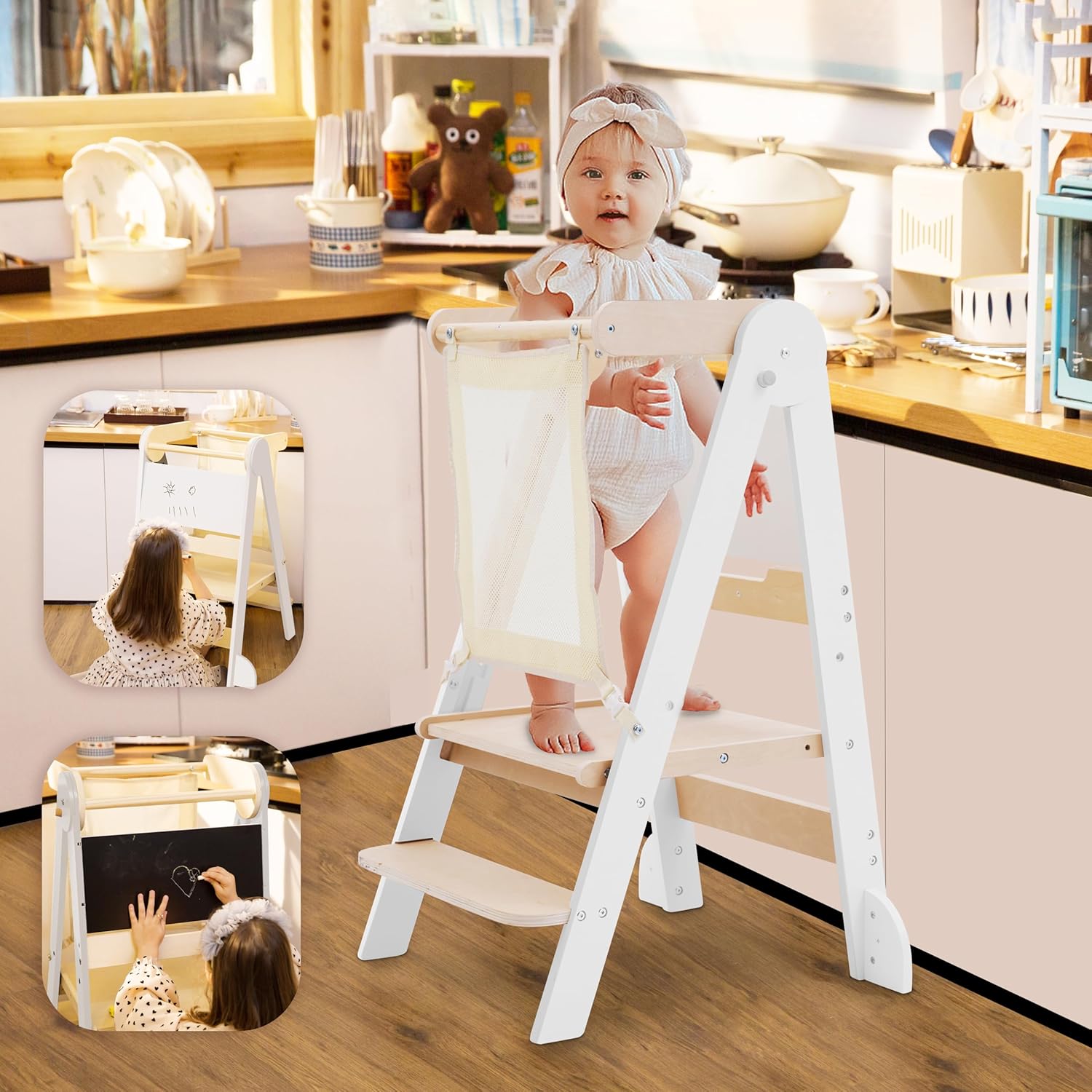 Foldable Toddler Tower with Safety Net and Adjustable Heights