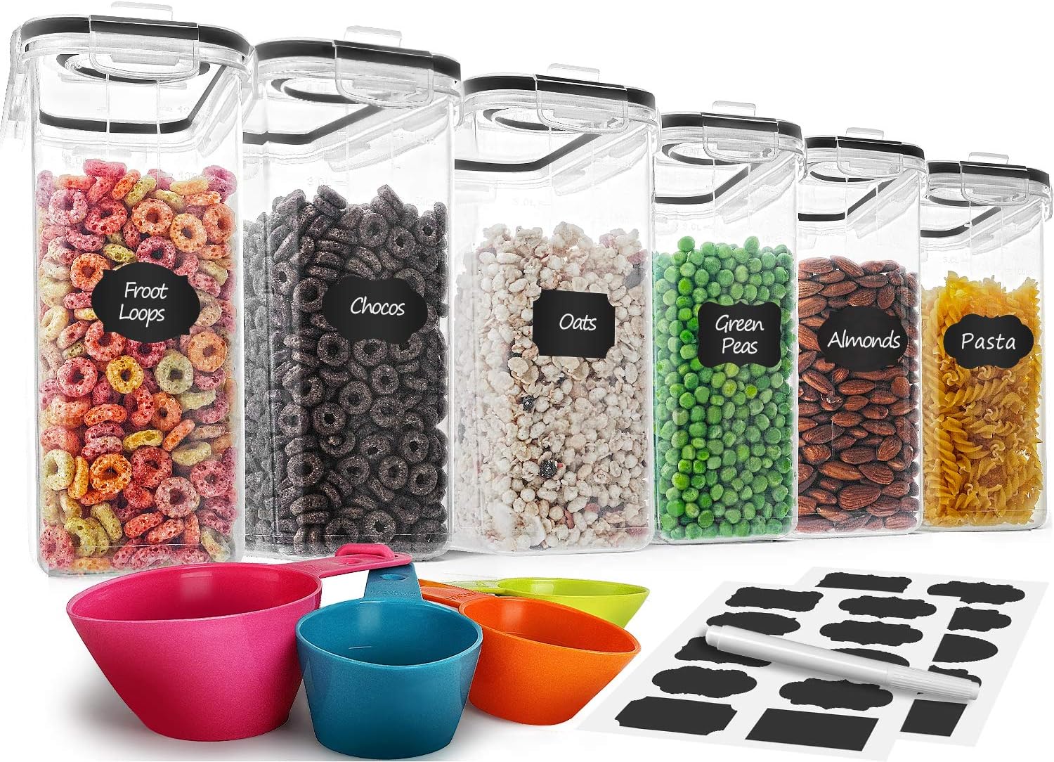 Cereal Container Set for Food Storage - 6 Airtight Dispensers
