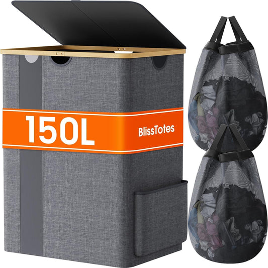 BlissTotes Laundry Basket with Lid - 150L Hamper for Home