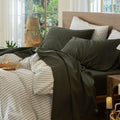 MooMee Bedding Sheet Set 100% Washed Cotton - Soft Olive Queen