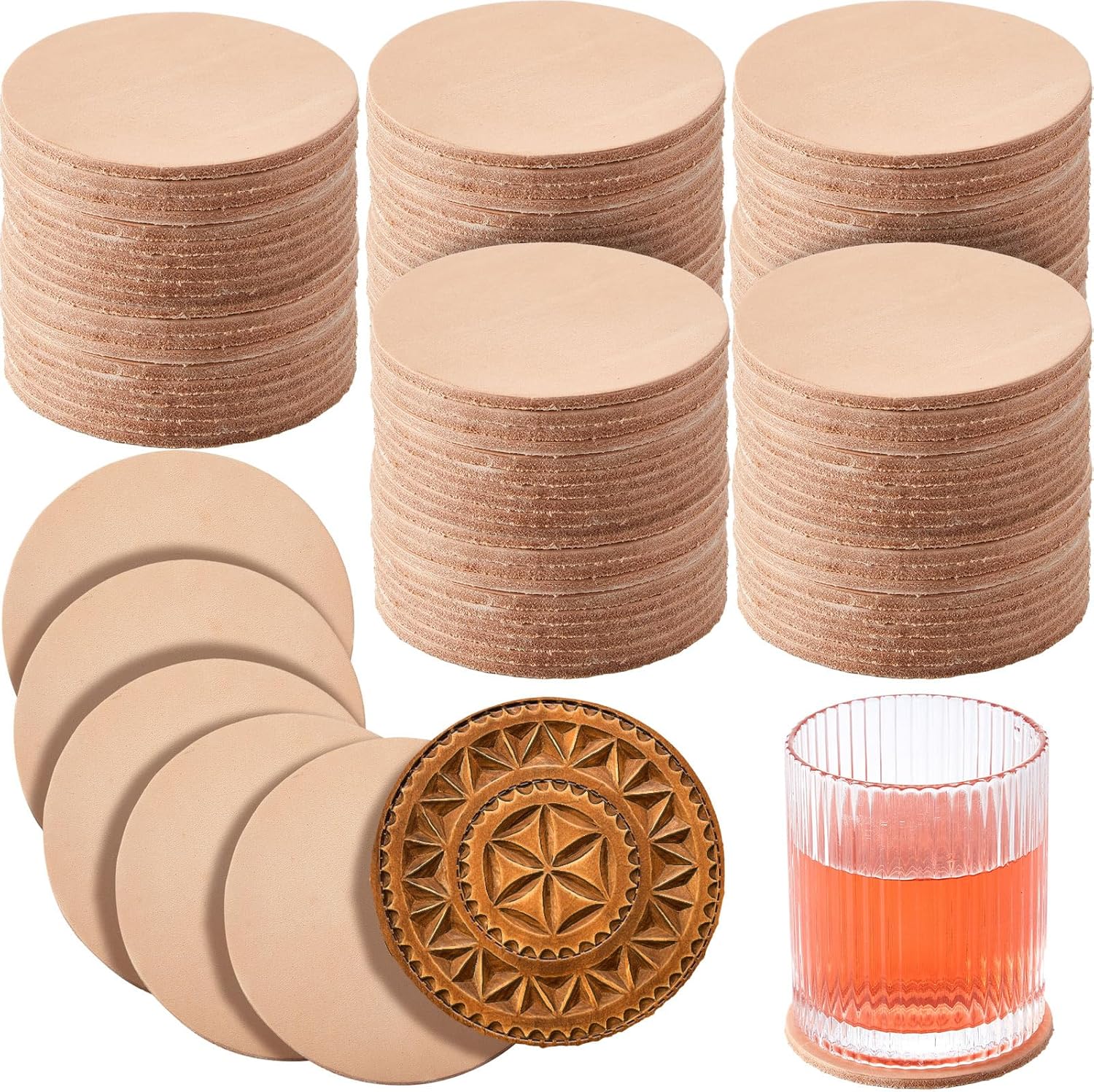 Bulyoou 50 Pack Round Vegetable Tan Leather for Crafting Projects