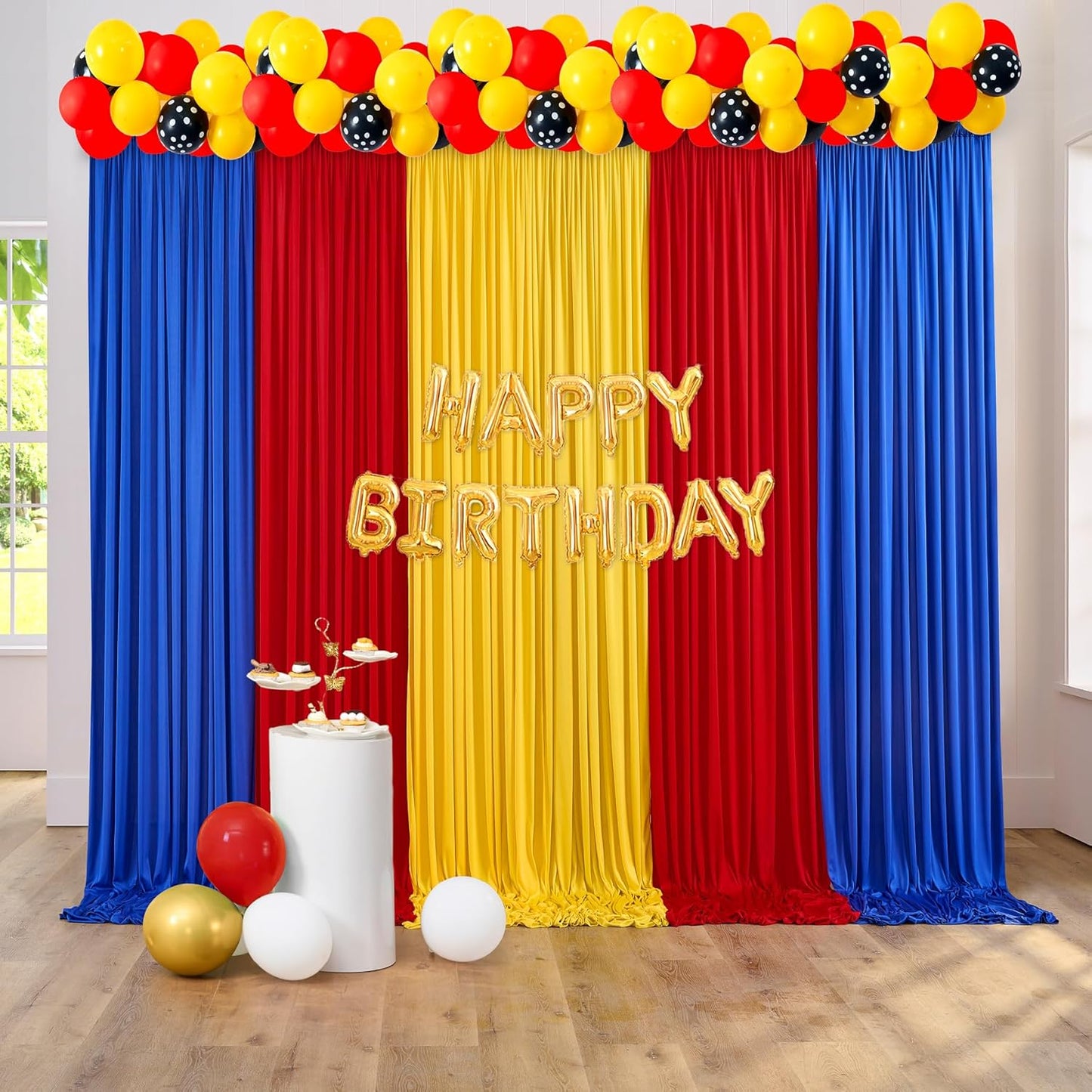 Vibrant Red Yellow Royal Blue Backdrop Curtain for Parties