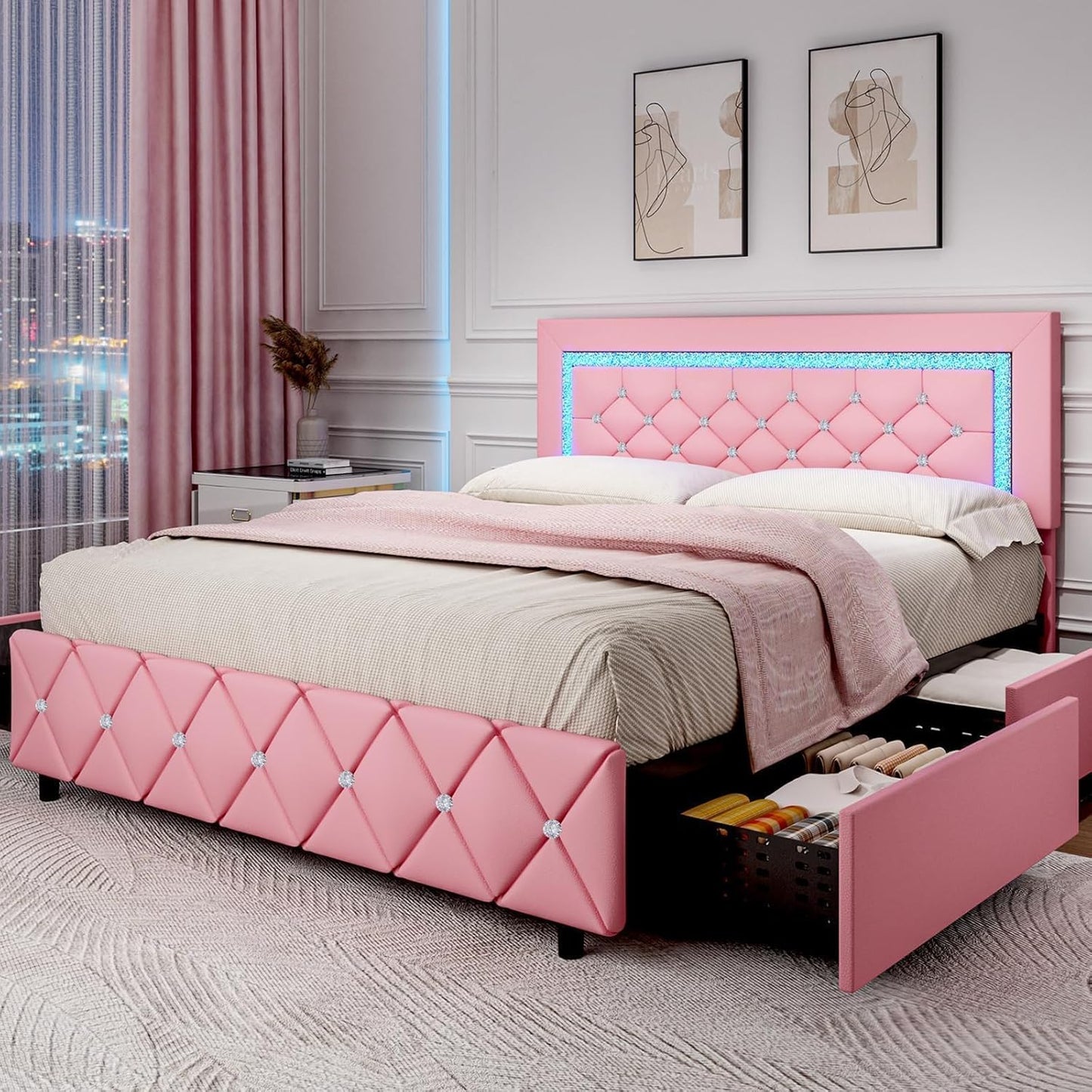BarnFurin Full Size Bed Frame with LED Lights and Storage Drawers