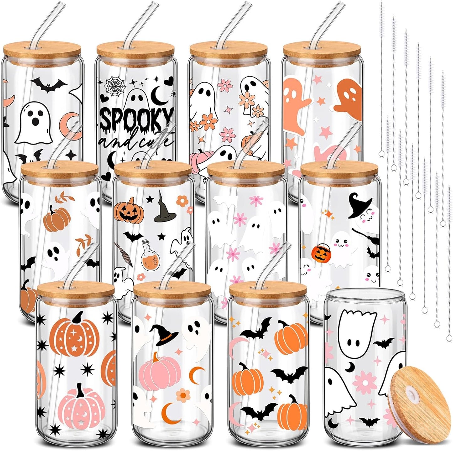 12 Pcs Halloween Ghost Glass Cups for Spooky Iced Coffee Fun