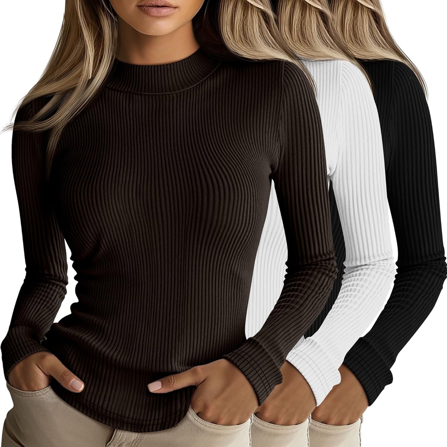 Riyiper 3 Pack Women's Ribbed Mock Turtleneck Long Sleeve Tops