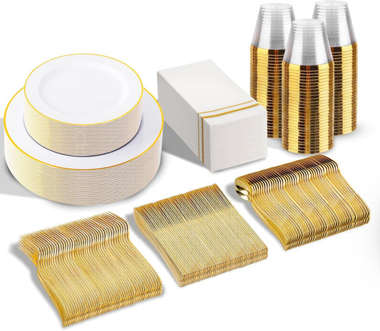 Elegant White and Gold Disposable Dinnerware Set for Parties