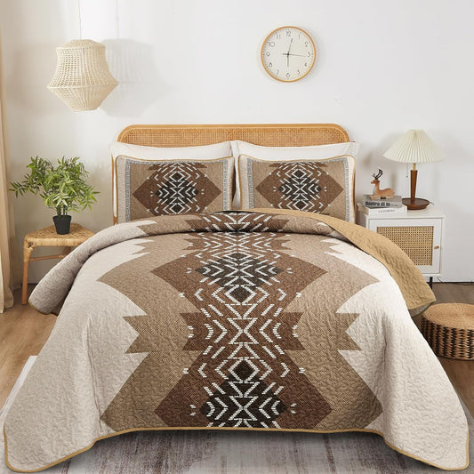 Bohemian Quilt Set King Size with Aztec Texture for All Seasons