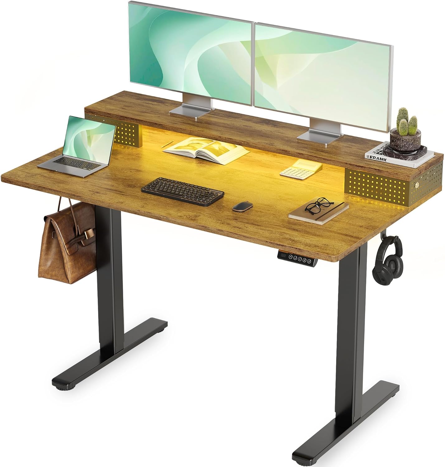 Electric Standing Desk with Shelf and LED Lights for Comfort