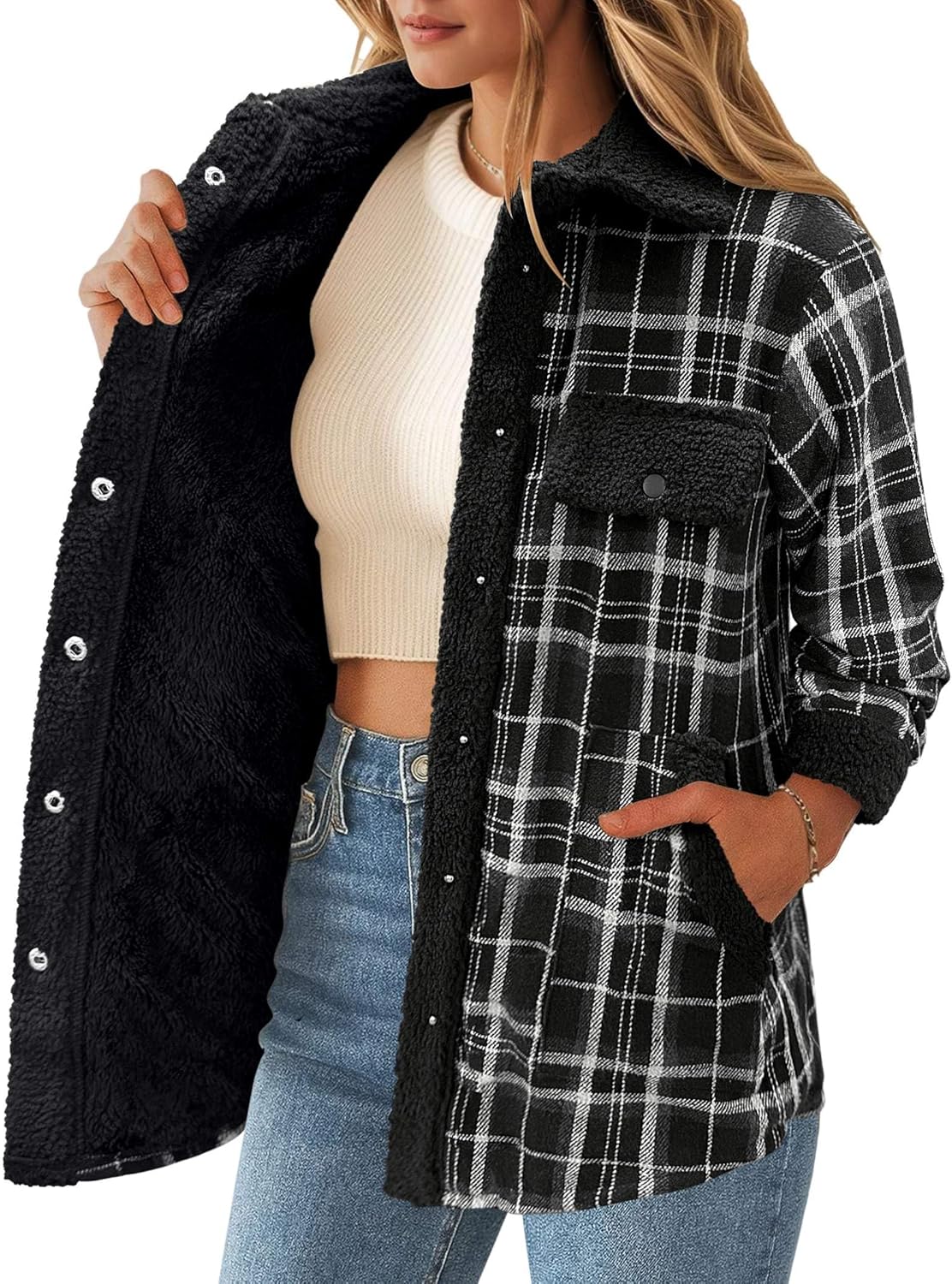 Cozy Womens Flannel Jacket Fleece Lined Shacket for Winter