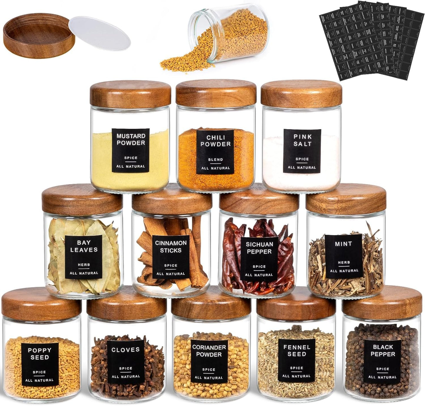 12Pcs Glass Spice Jars with Acacia Wood Lids for Kitchen Use
