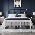 Queen White Metal Platform Bed Frame with Victorian Iron-Art Headboard