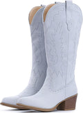 Suede Cowboy Boots For Women Mid Calf Chunky Heel Pointed Toe