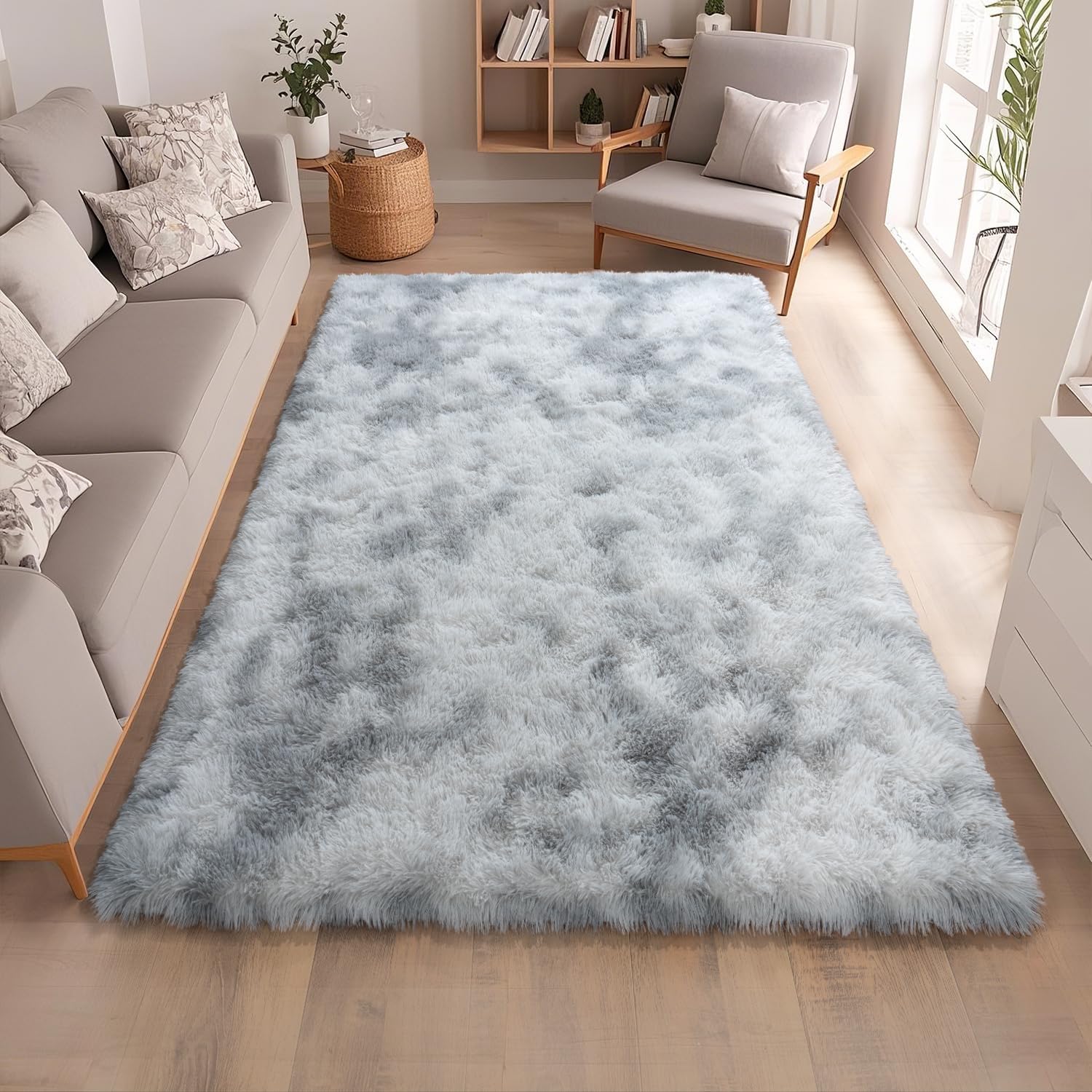 Ultra Soft Faux Fur Tie-Dyed Grey Rugs for Cozy Living Rooms