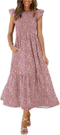 Women's Casual Maxi Dress with Pockets and Ruffle Sleeves - Smocked