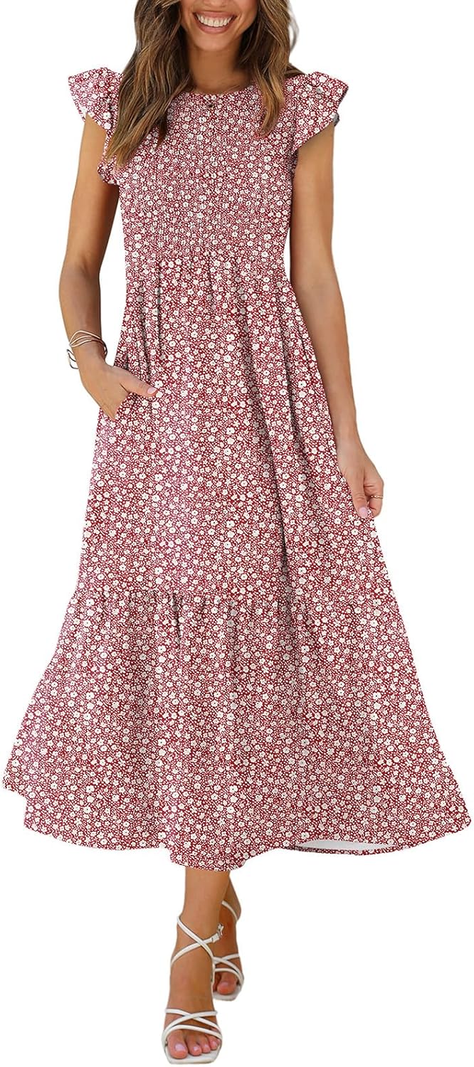 OFEEFAN Women's Casual Maxi Dresses with Pockets and Ruffles