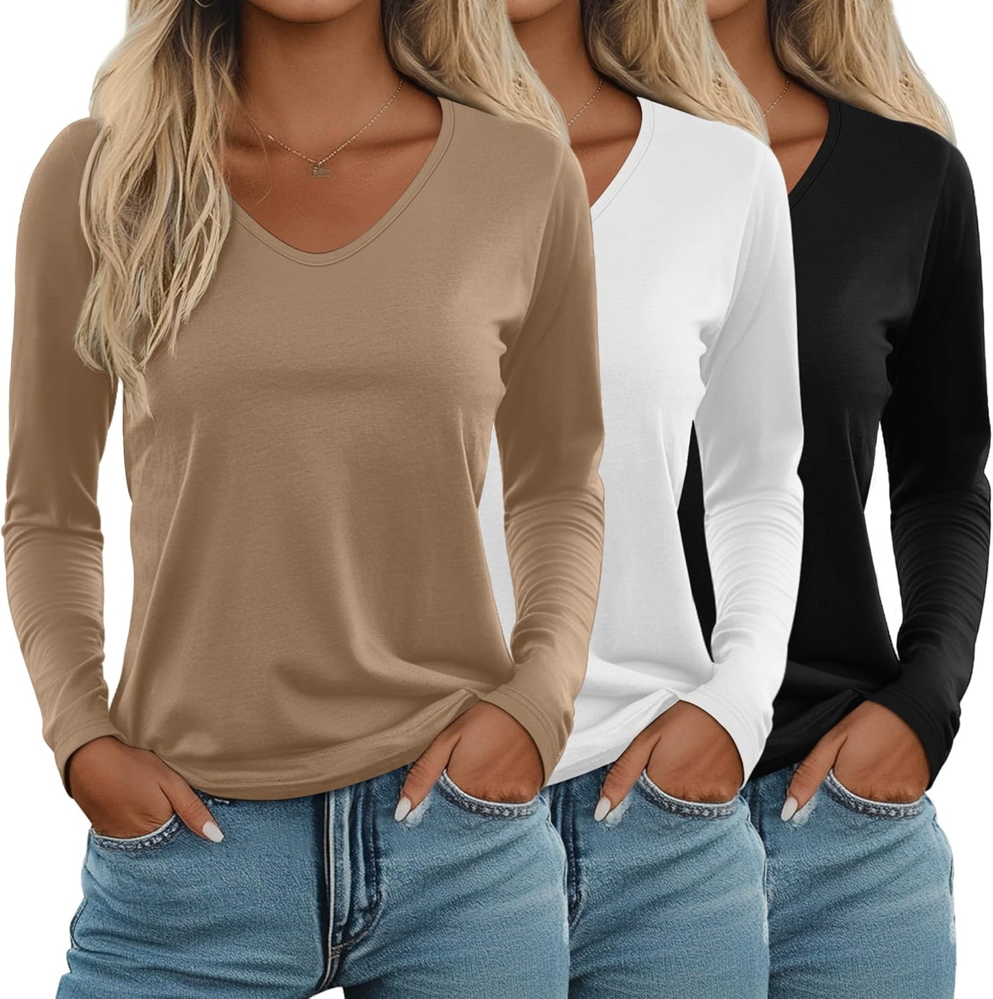 Ficerd Women's Long Sleeve V Neck T Shirts - Casual Trendy Tops