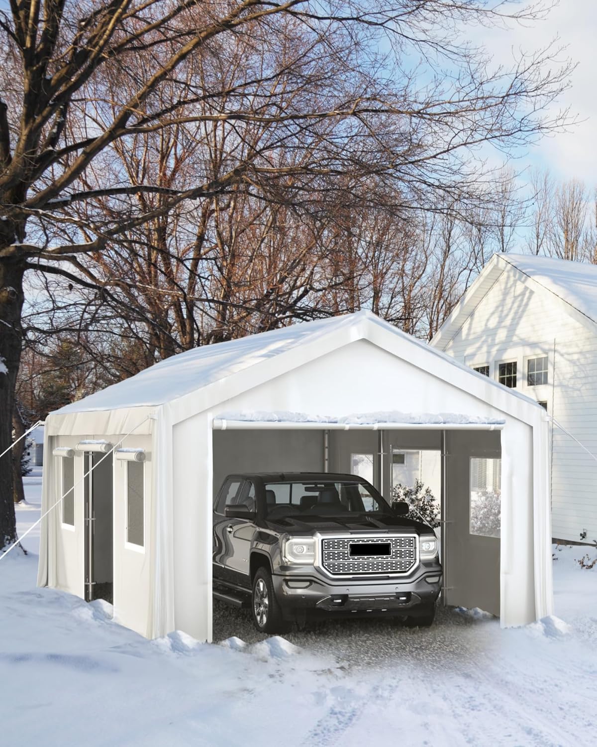 10X20 FT Heavy-Duty Carport with Roll-Up Windows & Doors