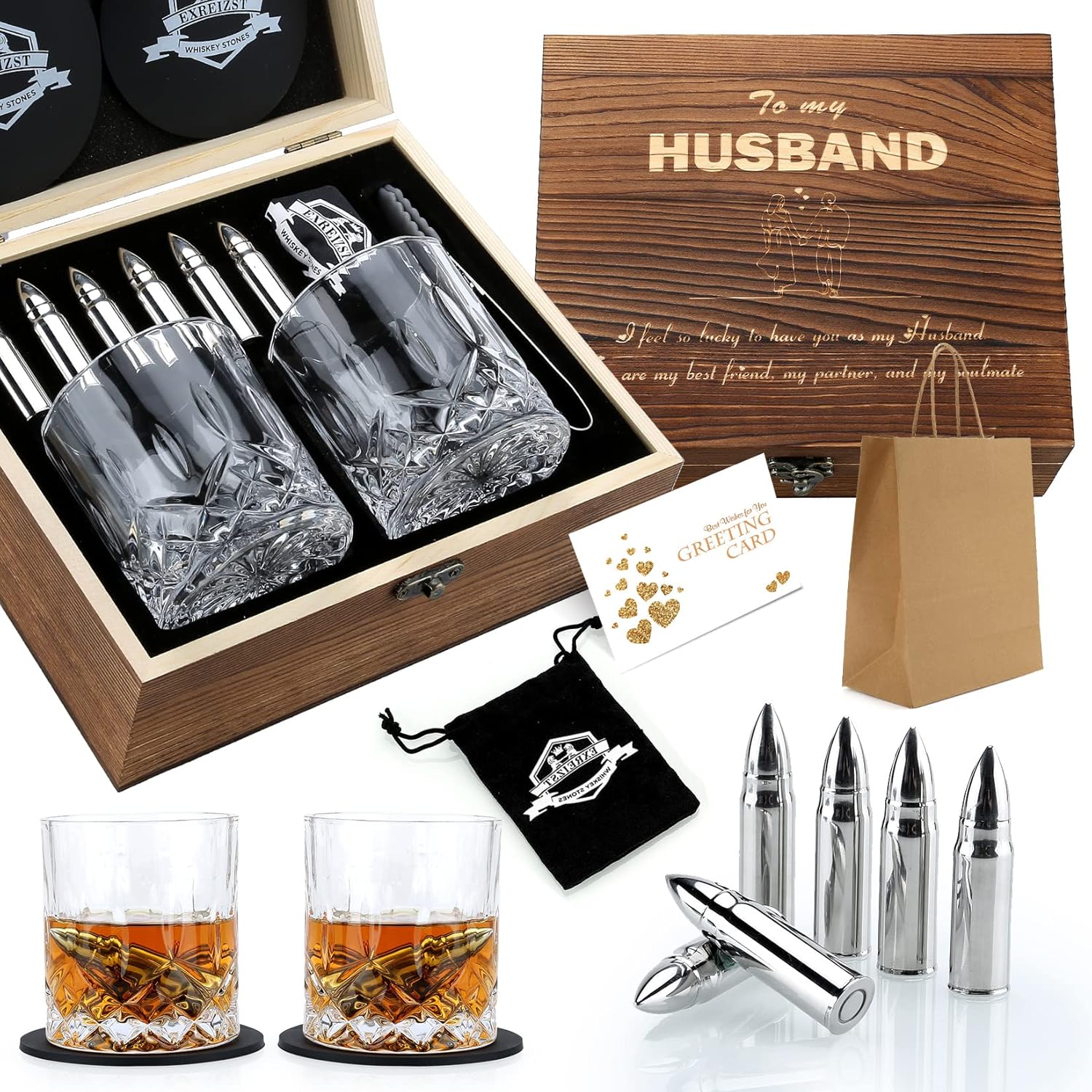 Whiskey Gifts for Men - Stainless Steel Stones and Glasses Set
