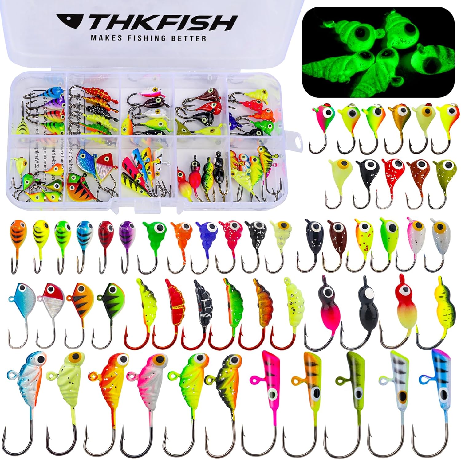 THKFISH Ice Fishing Jigs Kit - 50PCS Walleye & Perch Lures