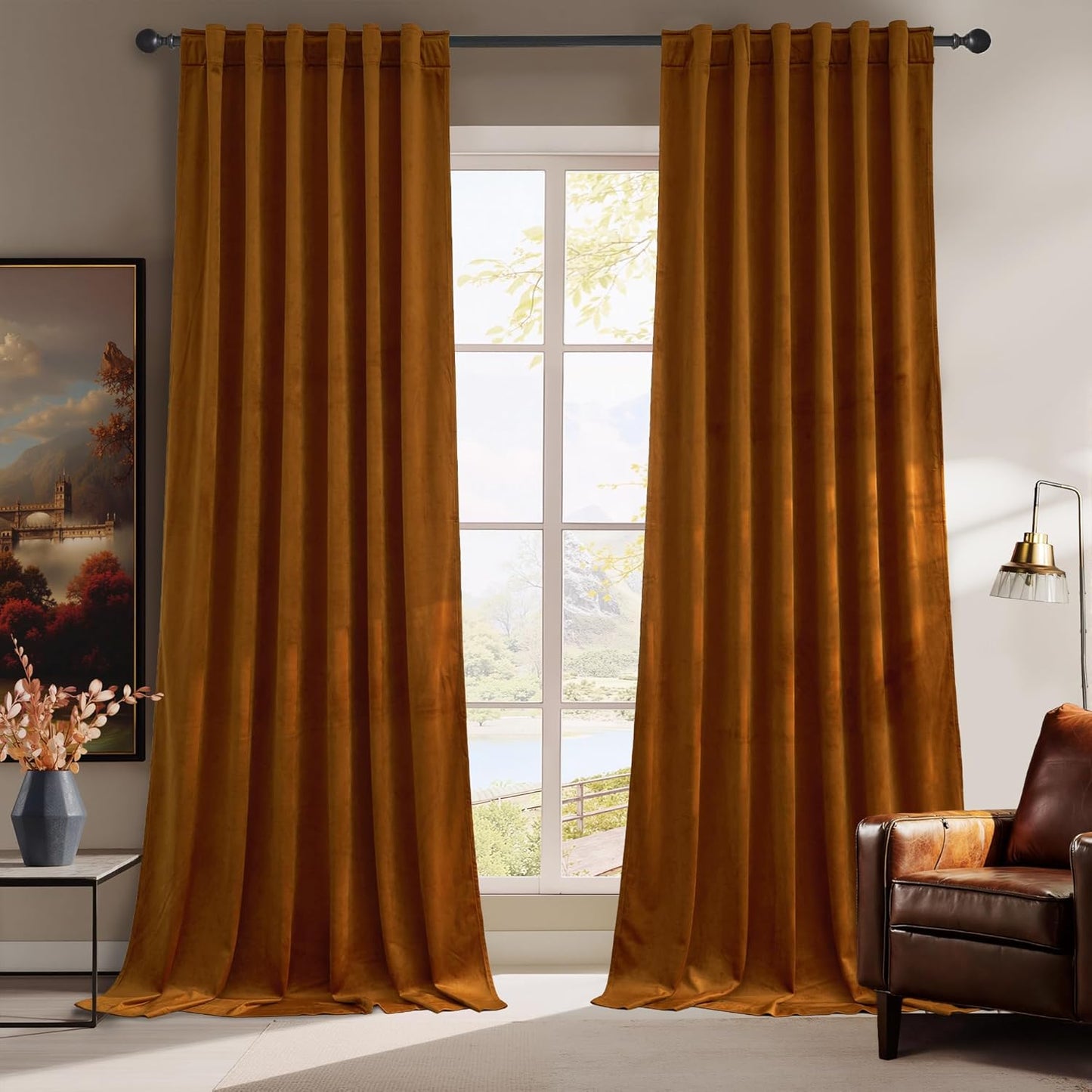 RYB HOME Burnt Orange Velvet Curtains for Elegant Living Spaces