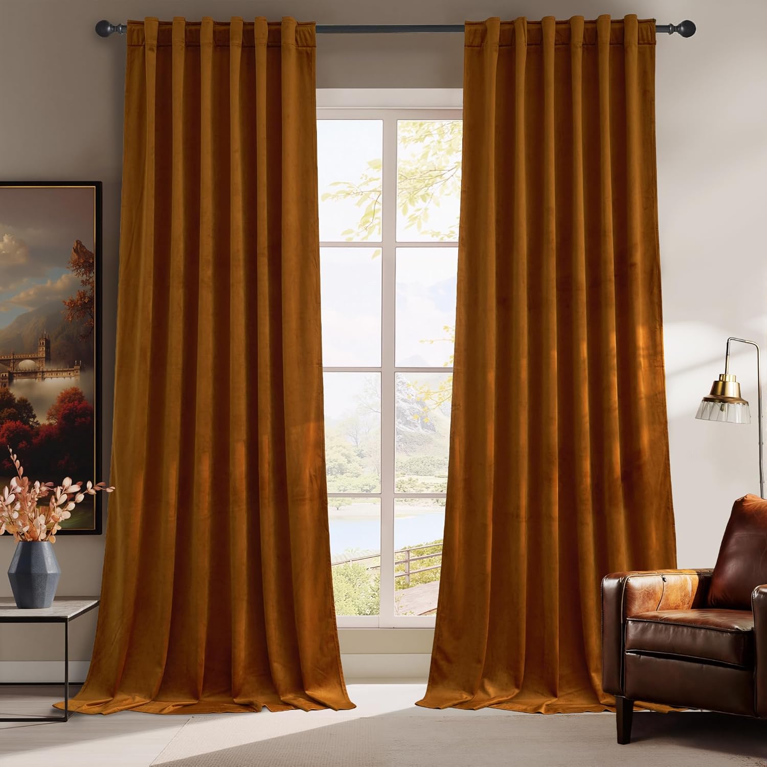 RYB HOME Burnt Orange Velvet Curtains for Elegant Living Spaces