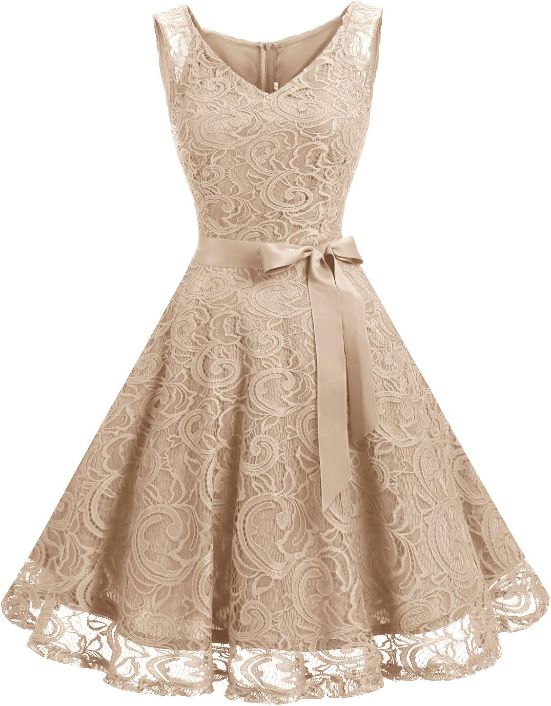 Floral Lace Bridesmaid Party Dress with V Neck Design