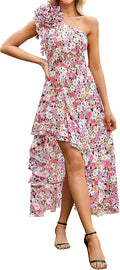 One Shoulder Floral Maxi Dress - Flowy Ruffle High Low Sundress SIZE
