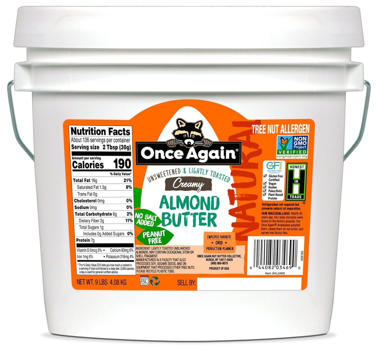 Creamy Natural Almond Butter No Sugar, Lightly Toasted 9 lb