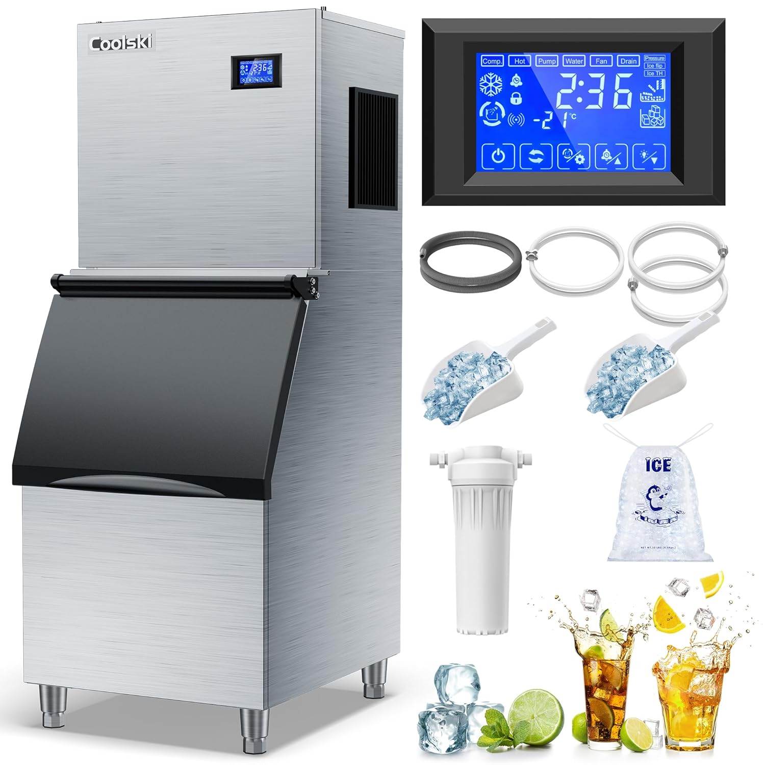 350LB/24H Clear Ice Maker - Efficient Cooling for Restaurants/Bars/Hotels - ETL Approved by Coolski