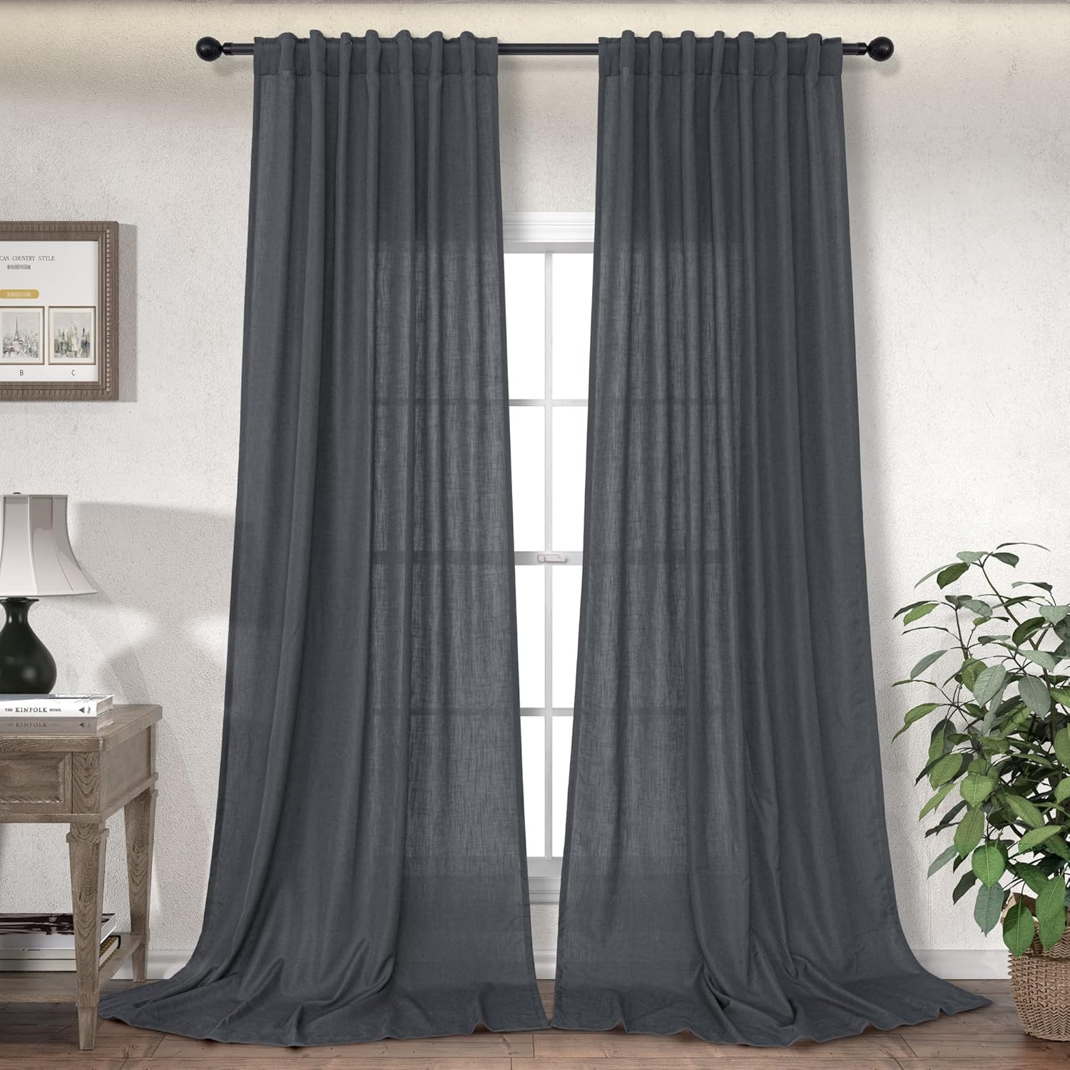 Dark Grey Linen Curtains 108 Inches Long for Elegant Living Room