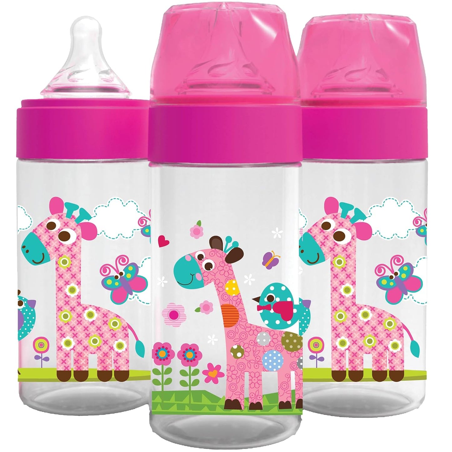 Avima Anti Colic Baby Bottles - Medium Flow Nipples, BPA Free - Set of 3 Pink Giraffes