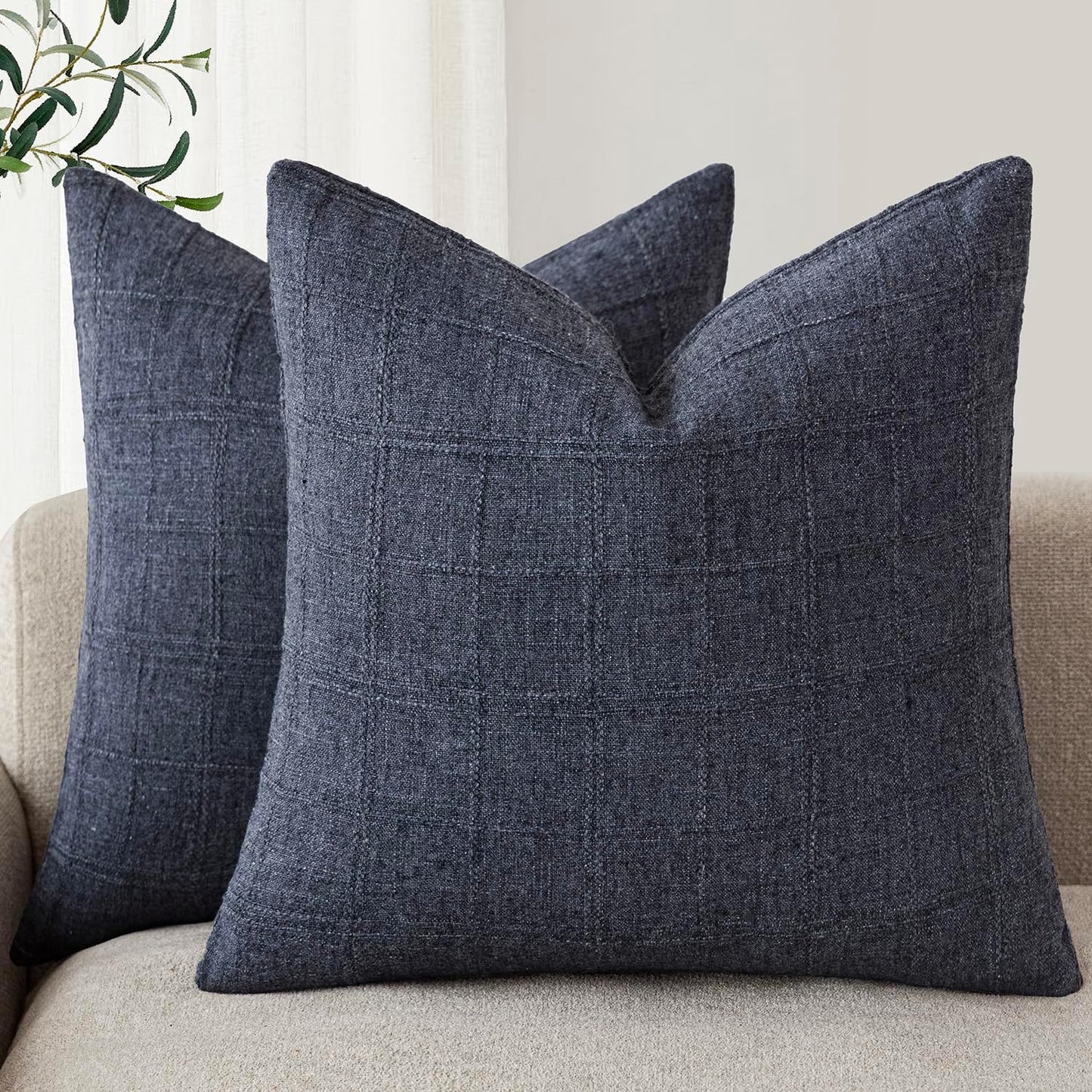 Foindtower Decorative Linen Check Throw Pillow Covers for Home
