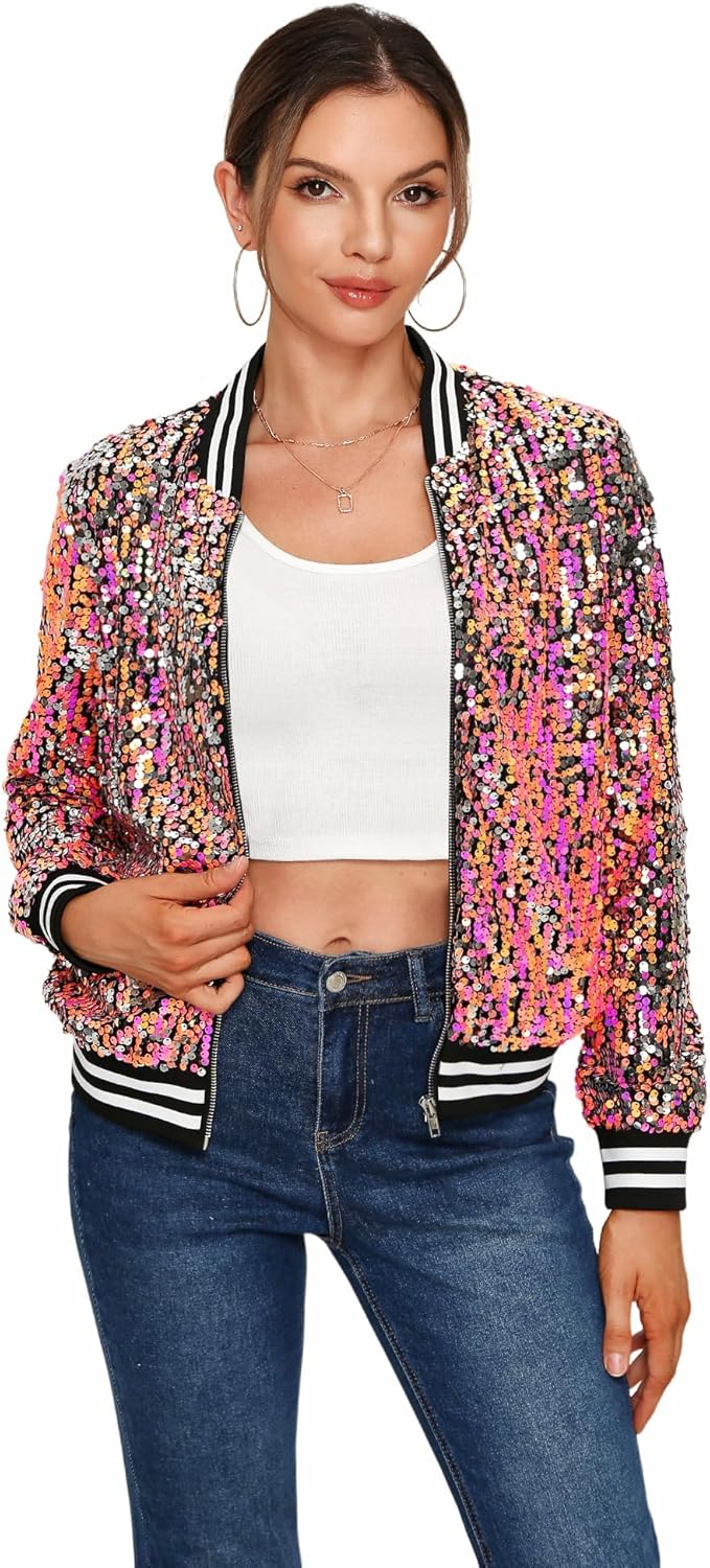 Womens Long Sleeve Sequin Open Front Zipper Jacket for Style